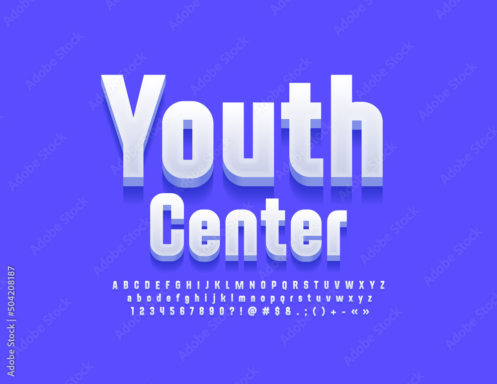 Vector bright logo Youth Center. Modern White Font. Artistic Alphabet Letters and Numbers set