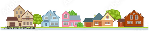 Row of houses on the street. Cute city concept horizontal banner. Vector buildings in simple, flat style.