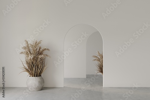 3D render empty white room with arch door, concrete floor,decor with dry reeds in a pot, perspective of minimal design. Illustration