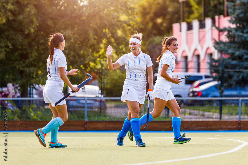 Field hockey team players cheer each other with success attack and goal score.