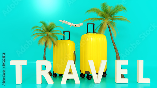 Travel yellow suitcase on the beach surrounded by travel text  hat  palm leaves. Planes in the sky. Travel concept. 3D Rendering.
