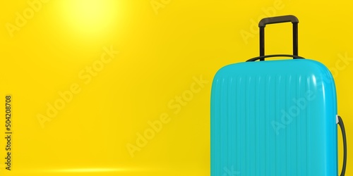 Blue suitcase. Yellow background, travel concept. 3D Rendering.