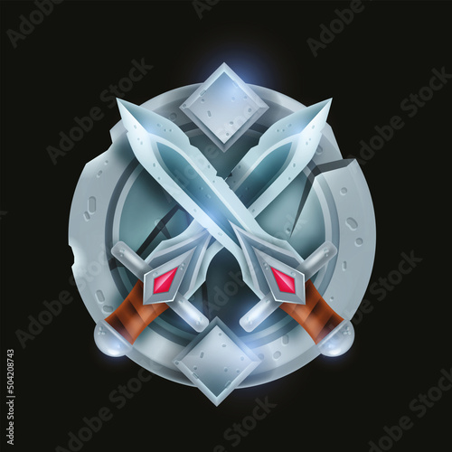 Game shield UI icon, warrior coat of arms on black, vector crossed iron medieval swords logo. Metal silver blade, knight weapon assets, winner badge, royal king armor. Old defense shield and sword