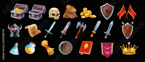 Fantasy game vector icon set, wooden warrior shield, medieval UI game badge, full gold chest, potion. Magic RPG objects kit, standard, knight weapon, iron helmet, old papyrus. Game icon collection