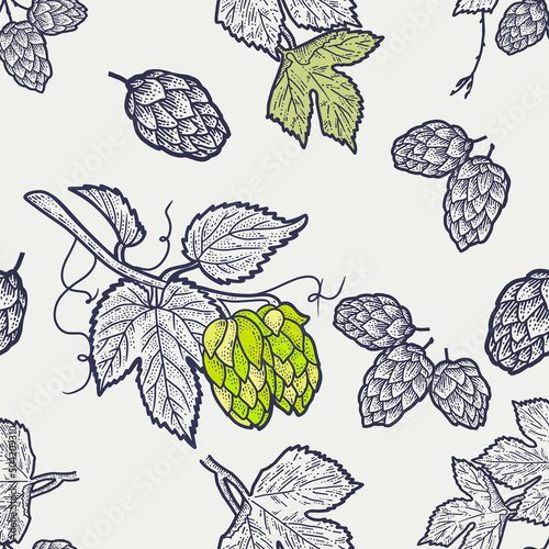 Craft beer seamless pattern faded color. Malt and hop elements. Illustration in linocut style.