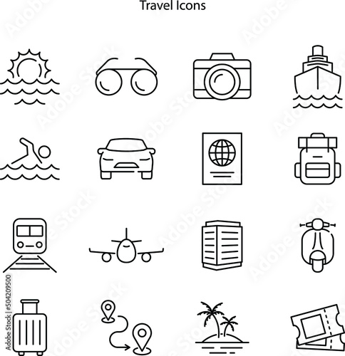 Travel icons. travelling line icon set isolated on white background. Travel icons. travelling line icon set.