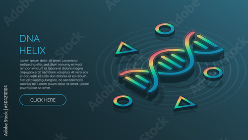 Isometric DNA helix with rainbow gradient on blue background. Extended with different shapes