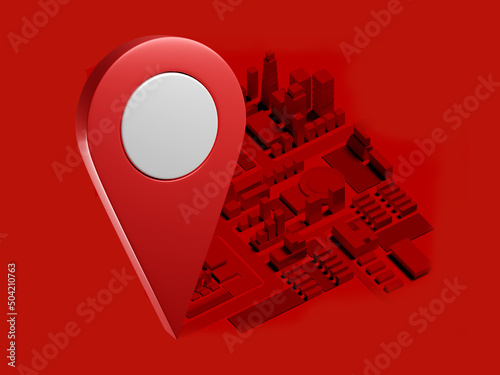 Geo targeting. Marker three-dimensional map. Location orientation. Application for geo targeting. Targeting in internet technology. Virtual map of city. Geo tag on red. 3d rendering. photo