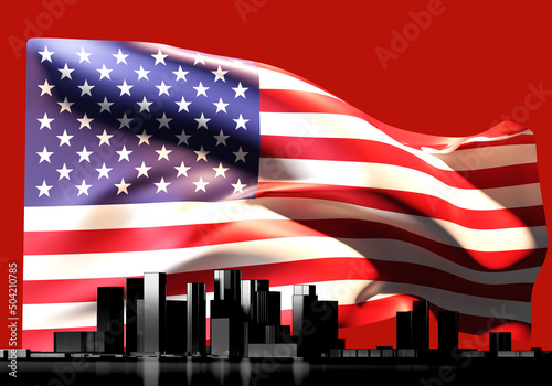 American city. US flag over city. Waving flag in red sky. American city silhouette. Concept of business in United States of America. US national symbol. US banner on red background. 3d rendering.
