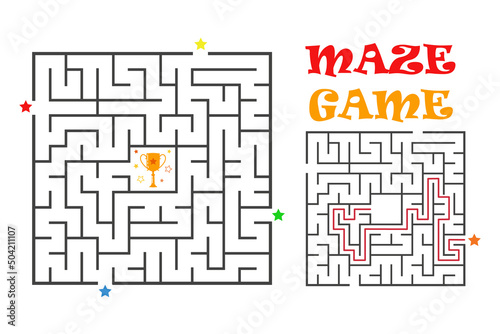 Square maze labyrinth game for kids. Logic conundrum with winner cup. Four entrance and two right ways to go. Vector flat illustration