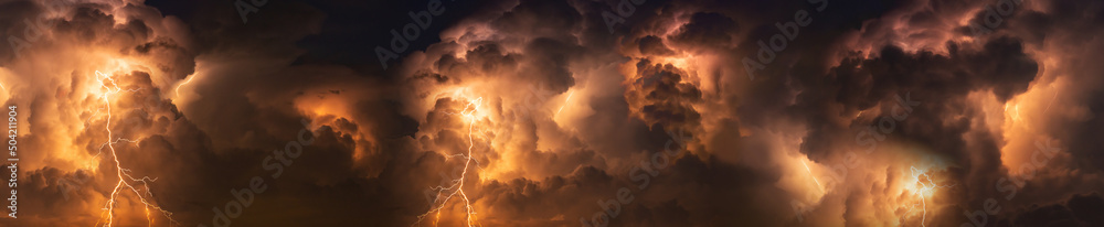 Panorama Dark cloud at  night with thunder bolt. Heavy storm bringing thunder, lightnings and rain in summer. - obrazy, fototapety, plakaty 