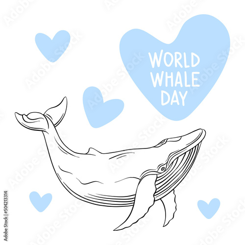 Whales are drawn in the style of linear art. Vector illustration on a white background. Cetaceans with the inscription - World Whale Day