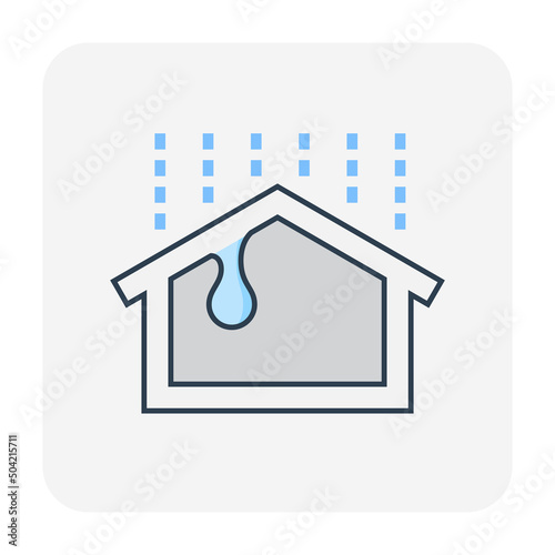 Rain water leak or drip to inside vector icon. Cause by roof tile damage, broken, crack from wind, hail, old, storm. Problem for repair, fix, maintenance by caulking sealant for home house building.
