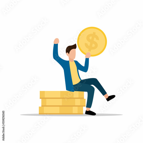 Happy businessman earned salary investor holding money coin thinking about investment.
