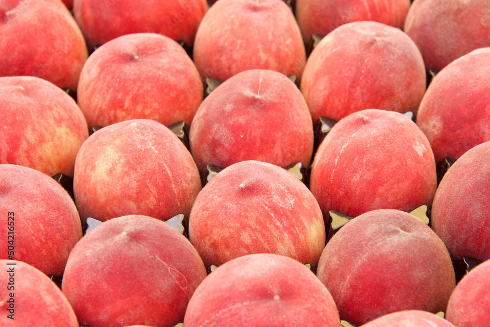 fuzzy Freestone peaches in display shipping container at farmer's market fuzzy Freestone peaches in display shipping container at farmer's market