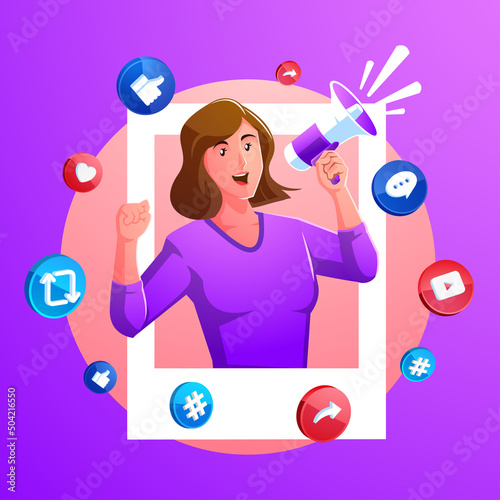 female influencer shouting on promotional loudspeaker using social media or internet advertisement