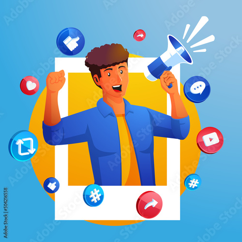 male influencer shouting on promotional loudspeaker using social media or internet advertisement
