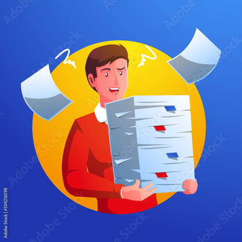 stressed man carrying piles of paperwork piled up