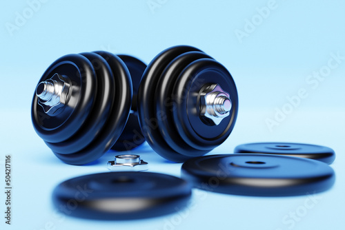 Black  iron dumbbells with disassembled plates on  blue isolated background. 3D rendering photo