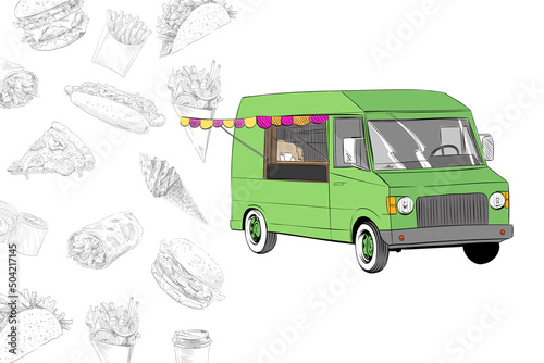 Food truck sketch food. Street food banner template. Hand drawn vector illustration. 