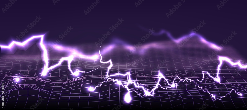 Obraz premium Abstract electric lightning on a curved grid, spark energy explosion glow lightning.