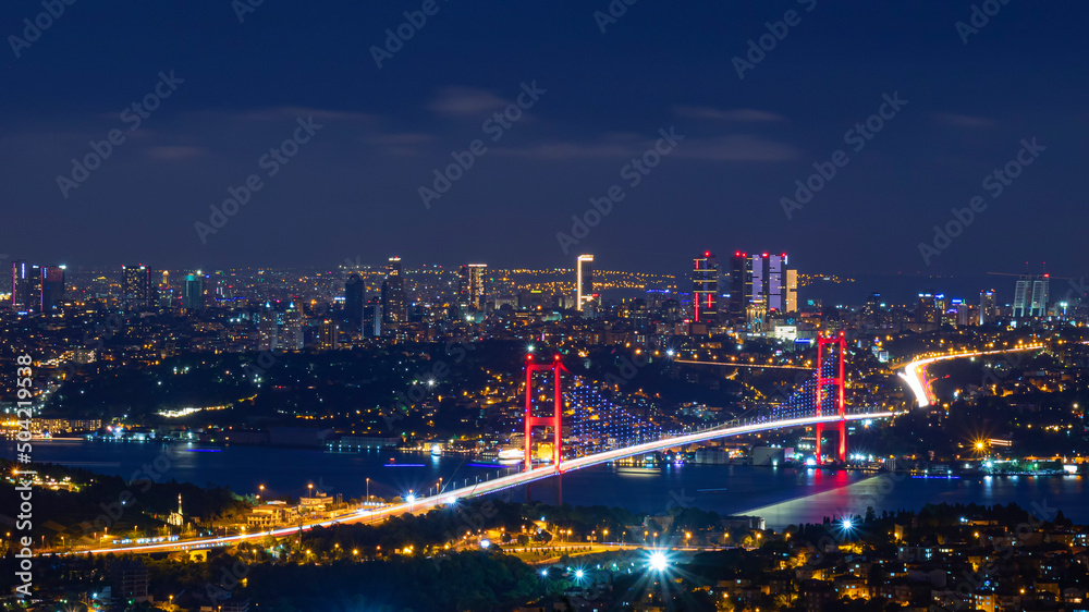 Obraz premium istanbul-turkey. 11.july.2019. 15th july Martyrs Bridge (15 temmuz sehitler koprusu) landscape. Bosphorus Bridge at night Istanbul, Turkey