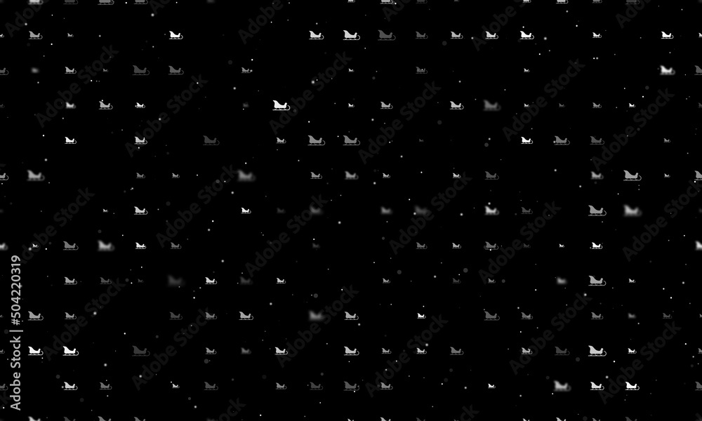 Seamless background pattern of evenly spaced white sleigh symbols of different sizes and opacity. Vector illustration on black background with stars
