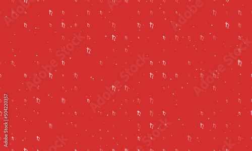 Seamless background pattern of evenly spaced white astrological saturn symbols of different sizes and opacity. Vector illustration on red background with stars