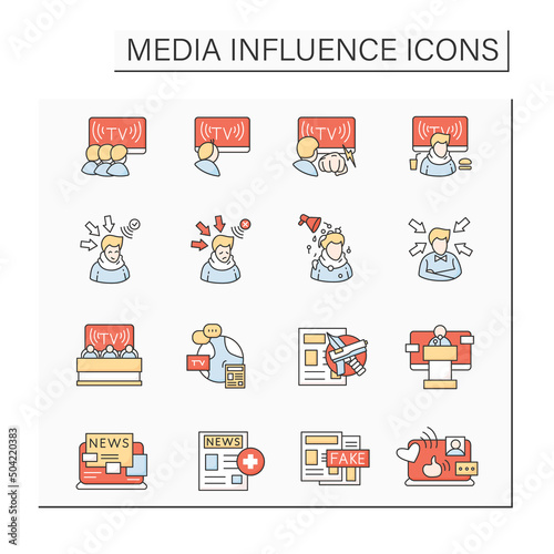 Media influence color icons set. Positive and negative media influence. Social awareness, actual information.Isolated vector illustrations
