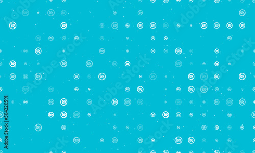 Seamless background pattern of evenly spaced white no video symbols of different sizes and opacity. Vector illustration on cyan background with stars
