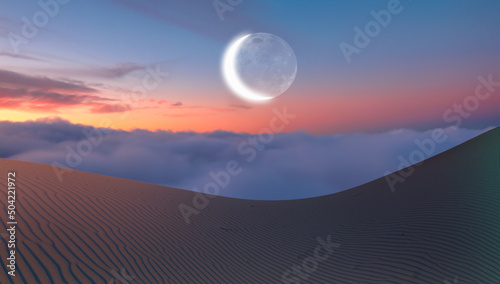 Scenic full crescent moon rise with colorful blue, red sunset sky over  sand dune © muratart