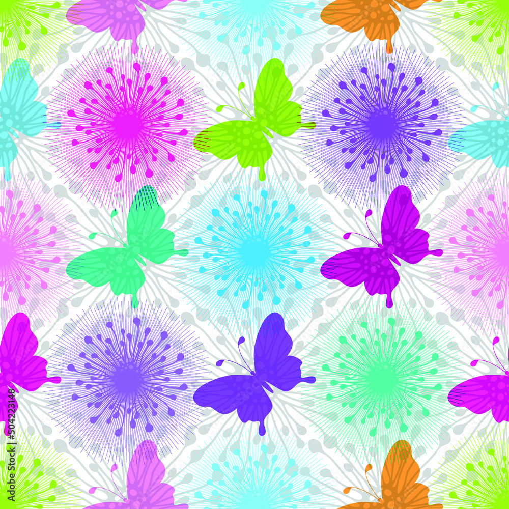 Seamless colorful geometric pattern with butterflies on a transparent background. Vector eps 10