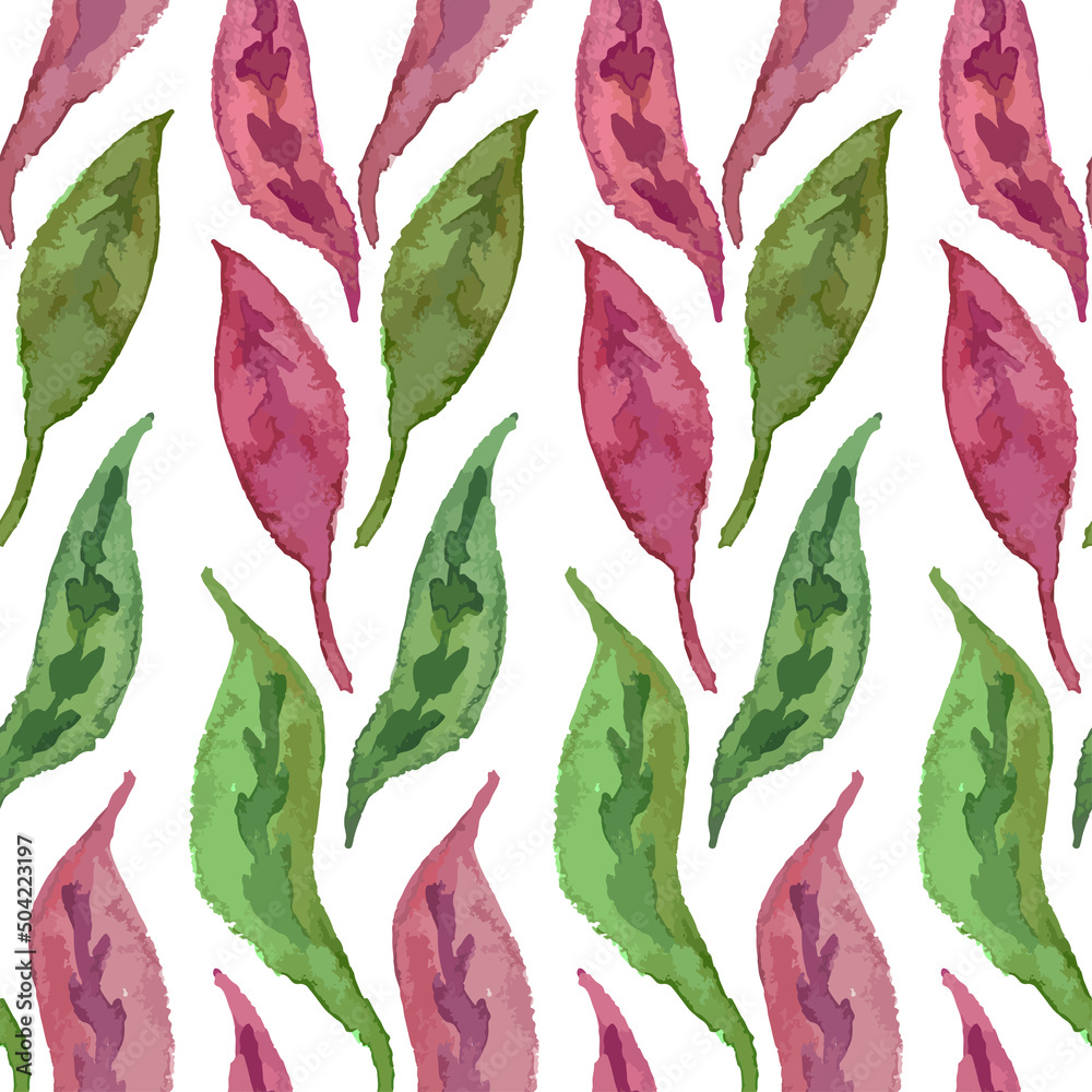 Obraz premium Seamless background from watercolor drawings green and red leaves