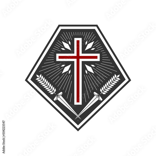 Christian illustration. Church logo. Cross on the shield.