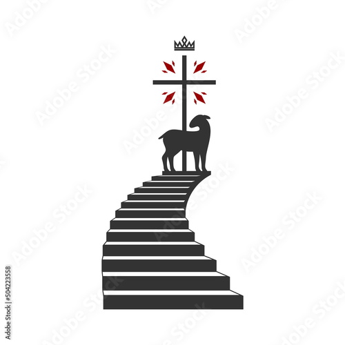 Christian illustration. Church logo. The stairs leading to the lamb and the cross.