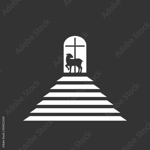 Christian illustration. Church logo. The stairs leading to the lamb and the cross.
