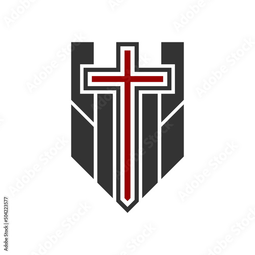Christian illustration. Church logo. Cross on the background of the shield-fortress.