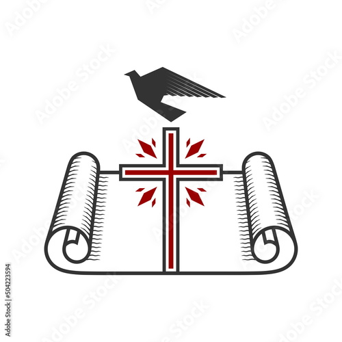 Christian illustration. Church logo. Cross and Holy Scripture.