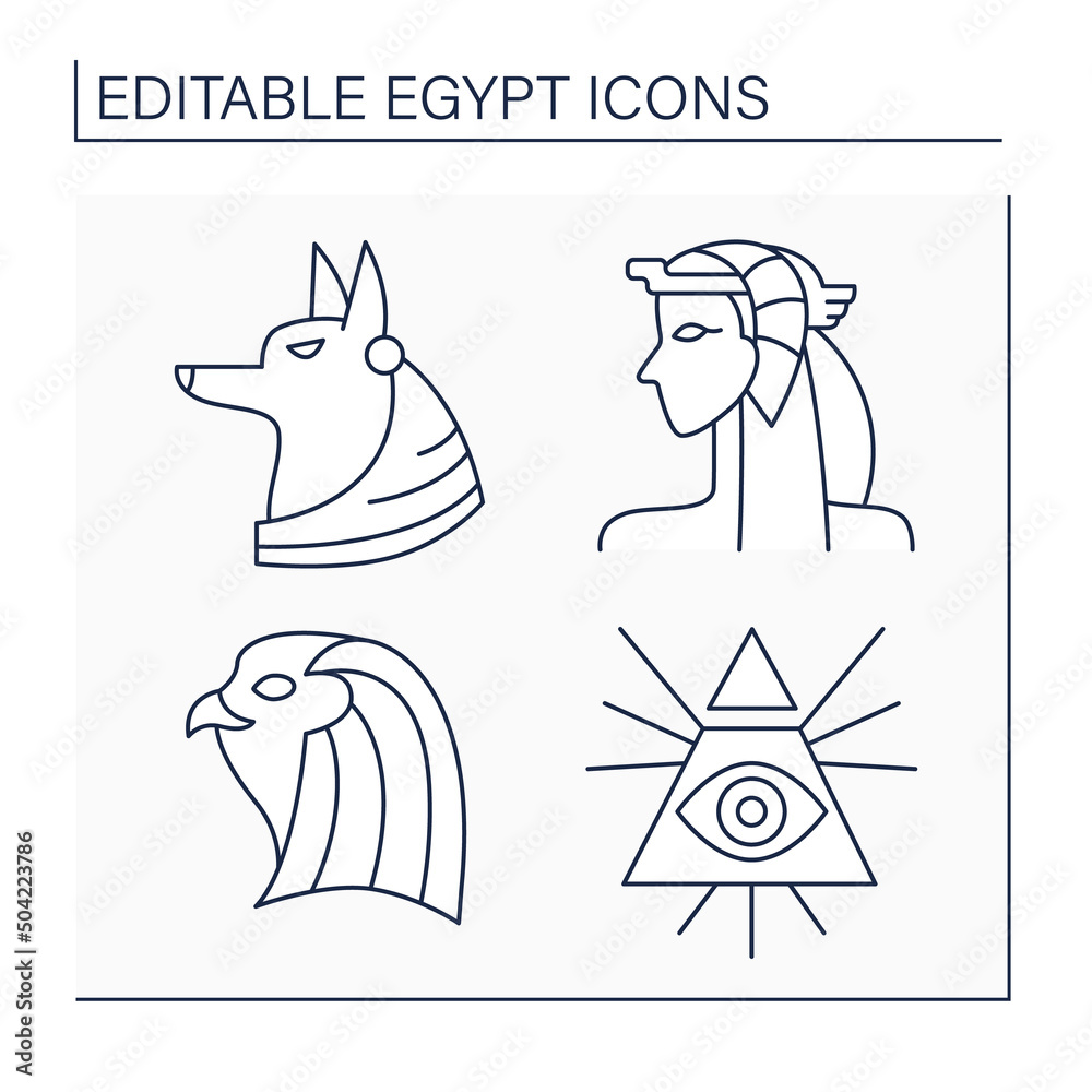 Obraz premium Egypt line icons set. Egyptian culture.Anubis, Cleopatra, Horus and Illuminati. Traveling concept. Isolated vector illustrations. Editable stroke