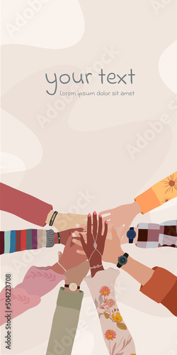 Group hands on top of each other of diverse multi-ethnic and multicultural people. Diversity people.Concept of teamwork community and cooperation. Racial equality. Diverse culture. Banner