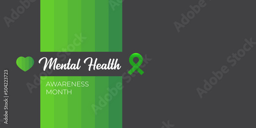 Mental Health Awareness Month horizontal banner with green ribbon isolated on grey background. Vector Mental Health month Poster, card, flyer and background.