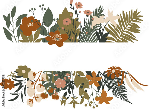 horizontal frame from vector flowers and leaves of different types