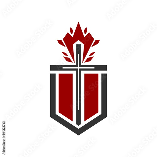 Christian illustration. Church logo. Cross and flame.