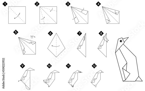 How to make origami penguin bird. Step by step instructions. Monochrome black and white vector simple DIY illustration.