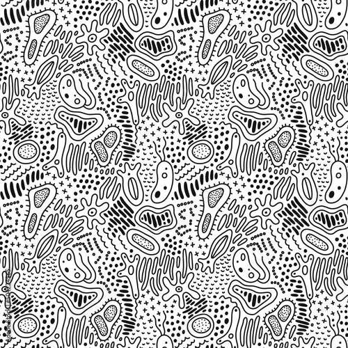 Abstract doodle pattern with microbe, virus, bacteria. Vector seamless background with fantasy microorganism, mold, cell, germ, probiotic etc. 