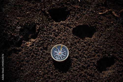 The compass lies on the ground, the landmark to the north, the magnetic needle of the compass shows to the east, the directions of the world, the traces of animals.
