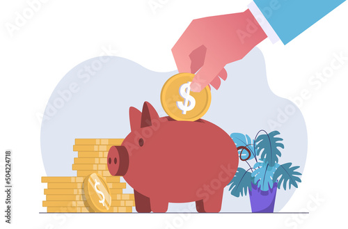Financial support. Businessman puts money in piggy bank