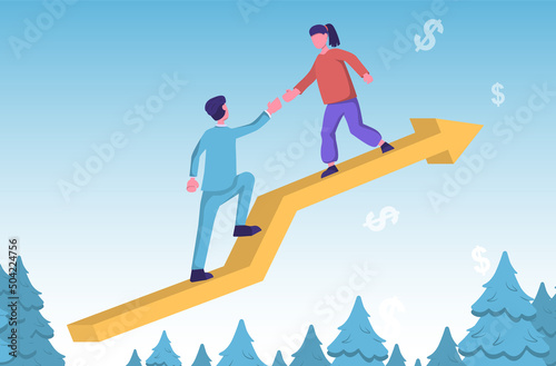 Financial support. The businessman walks up the arrow, the woman extends her hand to him.