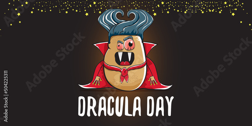26 may world dracula day greeting horizontal banner with vector funny cartoon cute dracula potato with fangs and red cape isolated on dark background. vampire monster vegetable funky character