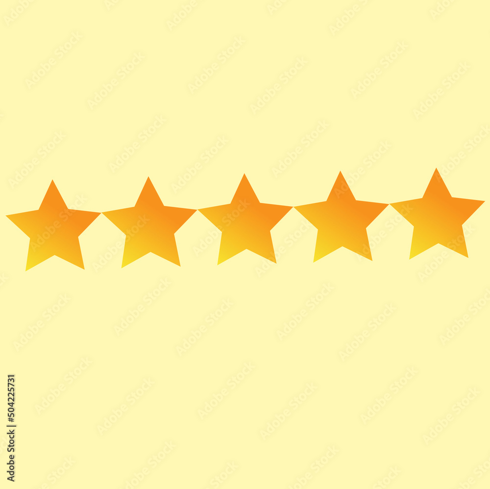 Fototapeta premium Bright icon of quality rating with five golden yellow stars. Evaluation of goods, write reviews of shipping, hotels, shops. Vector illustration. Flat.